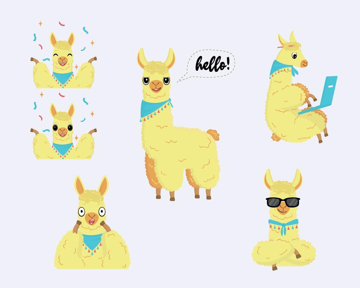 Conjunto de emociones de llama. un personaje unisex. bonitas pegatinas con una llama esponjosa de dibujos animados con una venda. llama amarillo-naranja. bufanda azul con flecos. llama con ojos grandes. ilustración vectorial plana vector