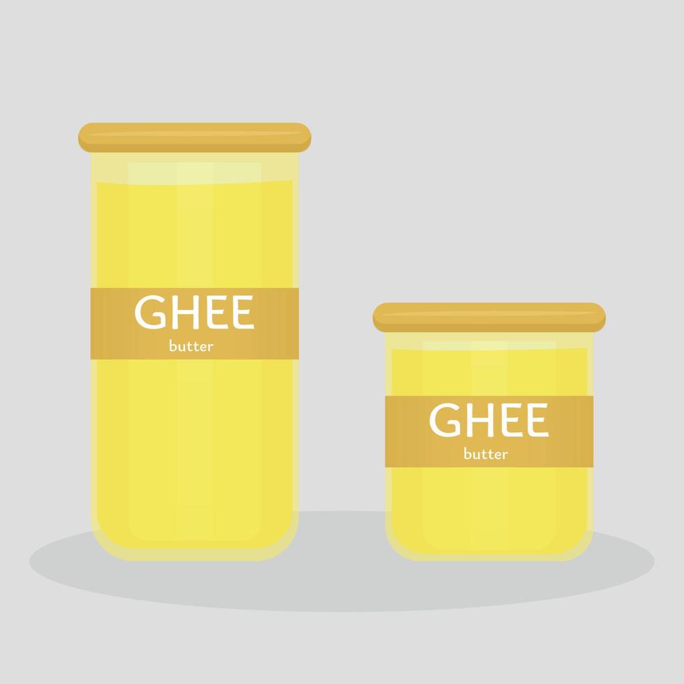 Glass jar with useful natural ghee butter. Ayurvedic Indian food. Big and small jars. Bright yellow ghee oil. Volumetric illustration vector