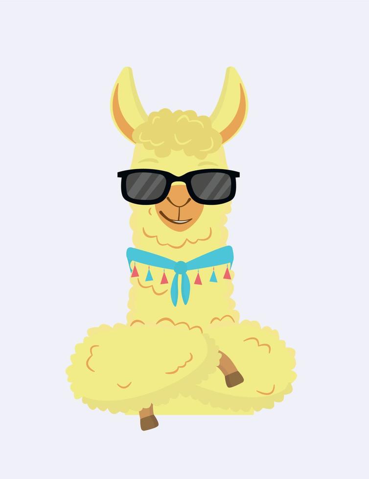 A unisex character. Cartoon fluffy cool llama with a bandage around its neck. Yellow-orange llama. Blue scarf with multicolored fringes. Llama with black sunglasses. Flat vector illustration