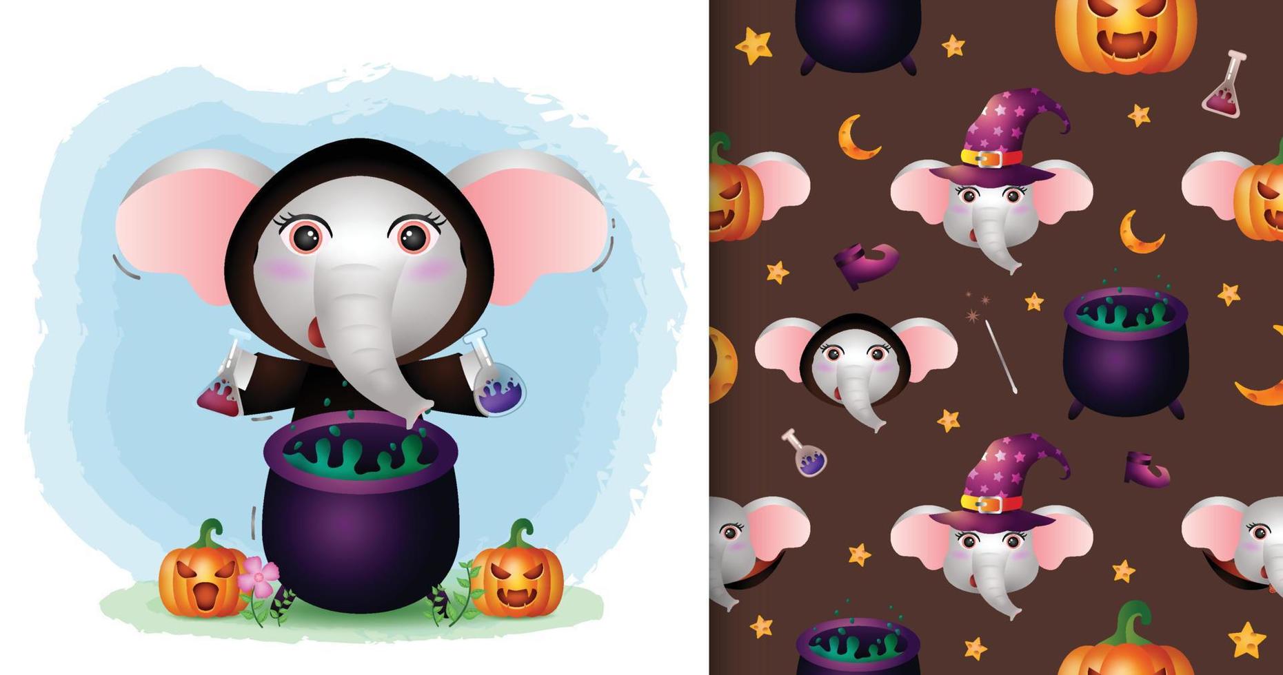 un lindo elefante con disfraz de bruja colección de personajes de halloween. diseños de patrones e ilustraciones sin costuras vector