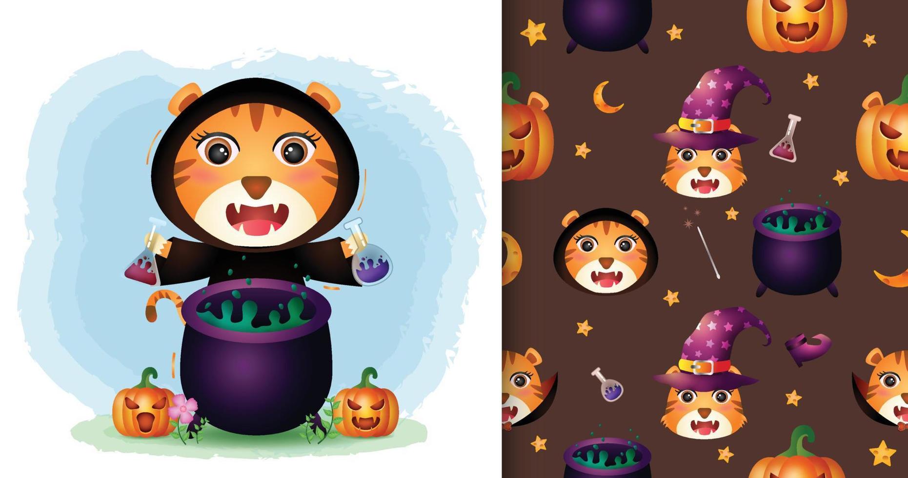 un lindo tigre con disfraz de bruja colección de personajes de halloween. diseños de patrones e ilustraciones sin costuras vector