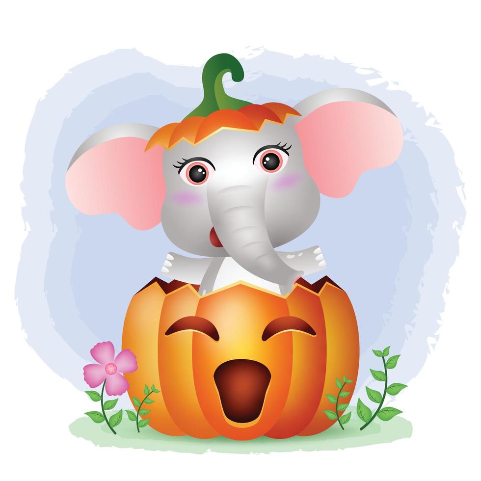 a cute elephant in the halloween pumpkin vector