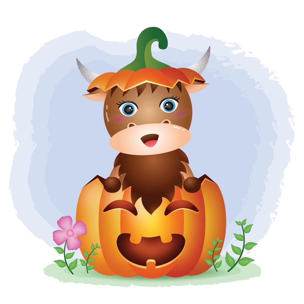 a cute buffalo in the halloween pumpkin vector