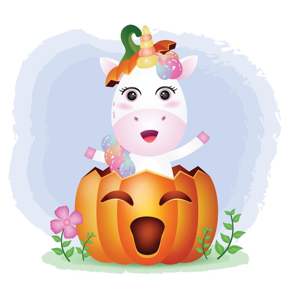 a cute unicorn in the halloween pumpkin vector