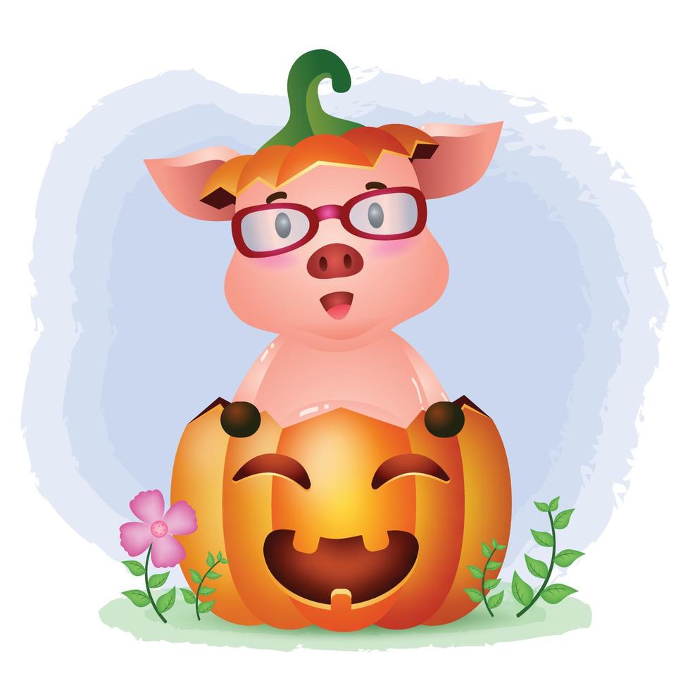 un lindo cerdo en la calabaza de halloween vector