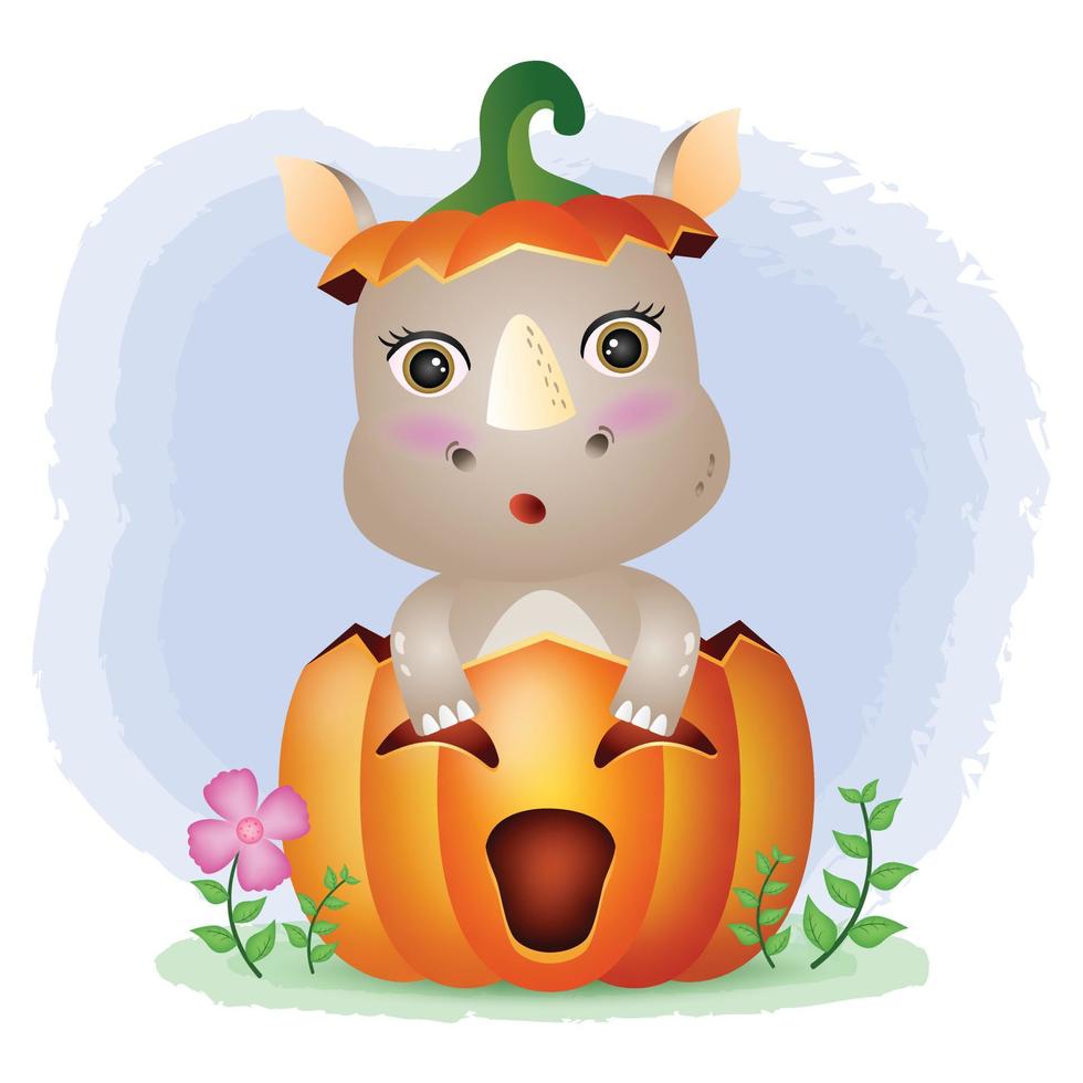 a cute rhino in the halloween pumpkin vector