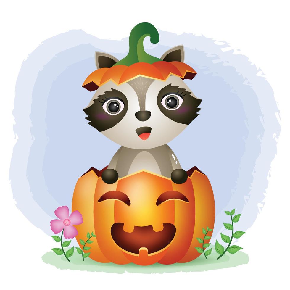 a cute raccoon in the halloween pumpkin vector