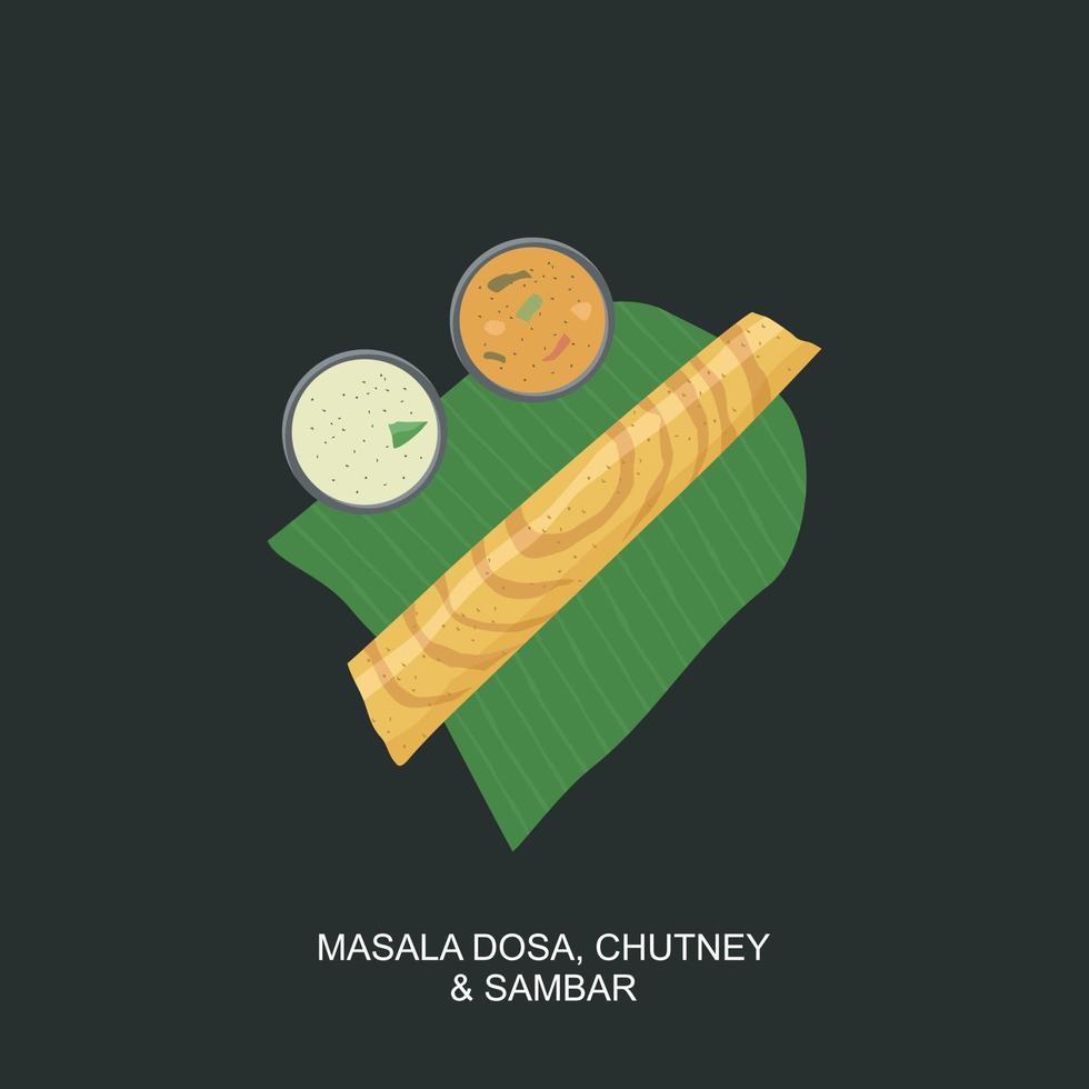 South Indian Food Dosa, Sambar and Chutney in Banana Leaf vector