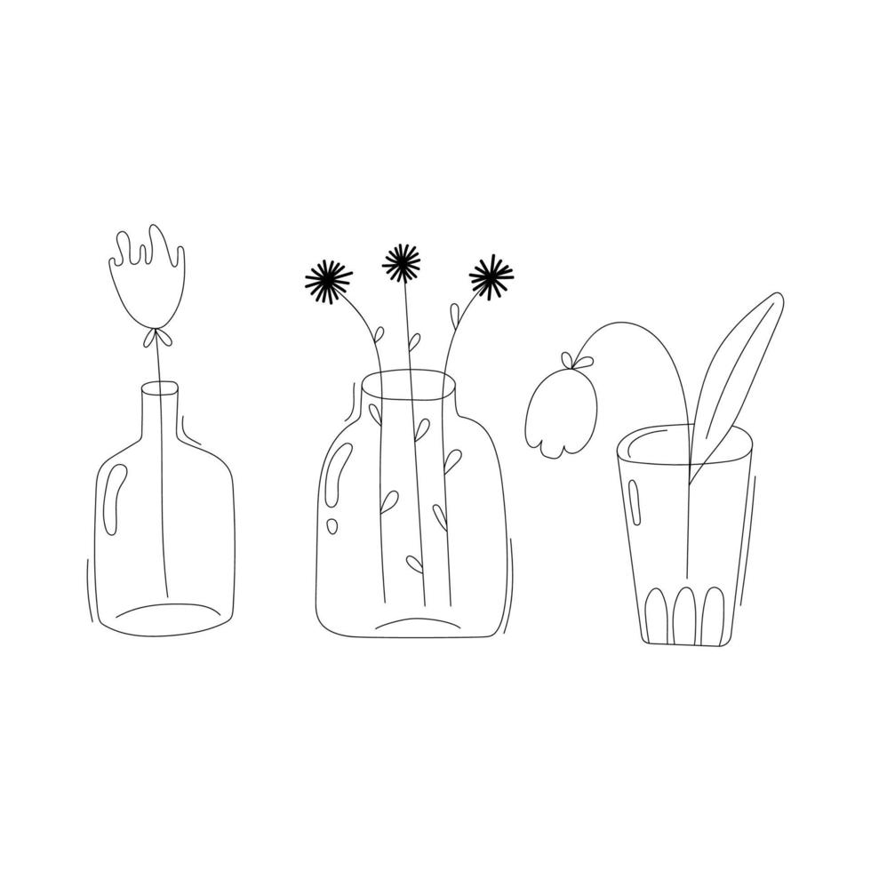Set of line art drawing vases with flowers. vector