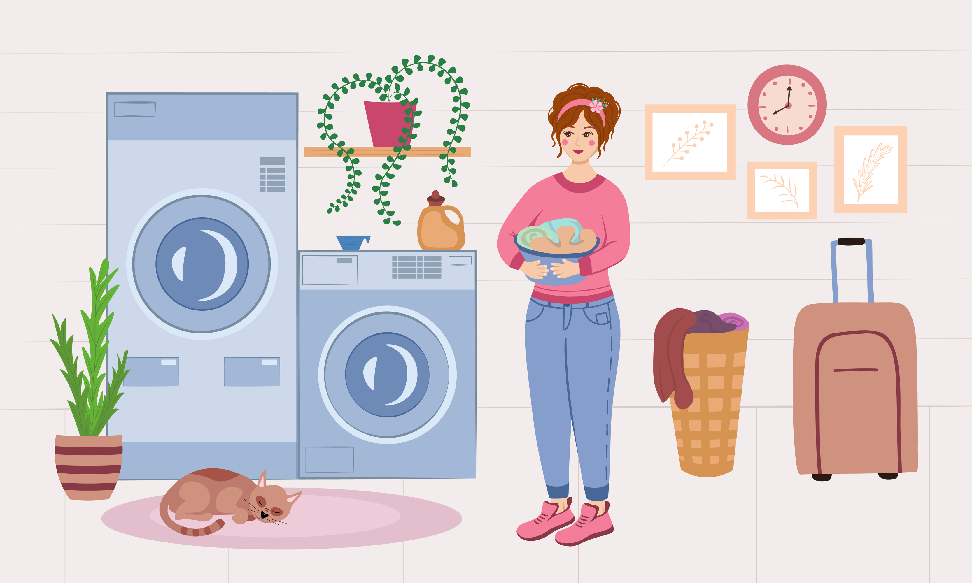 lavandería. mujer feliz en la lavandería. ilustración para impresión