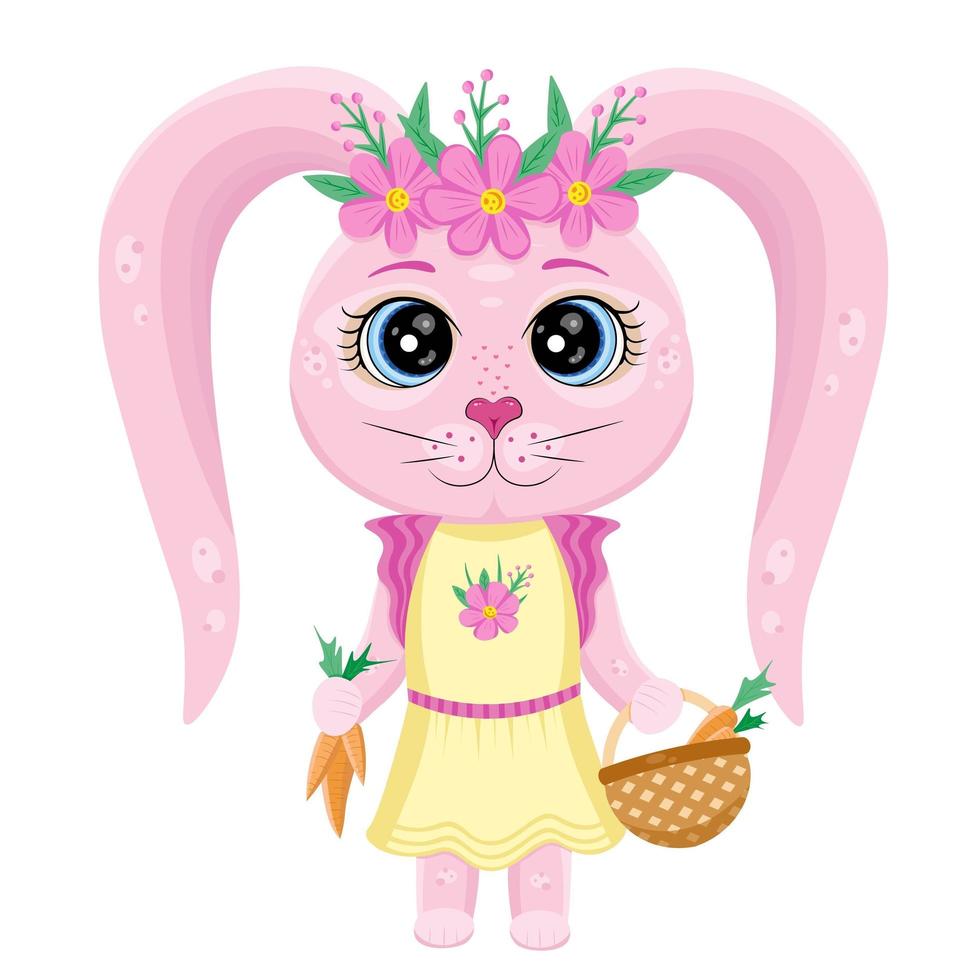 Cute rabbit girl with floral wreaths on her head collects carrots in a basket. Illustration for backgrounds, wallpapers, covers, packaging, greeting cards, stickers, textile, seasonal design. vector