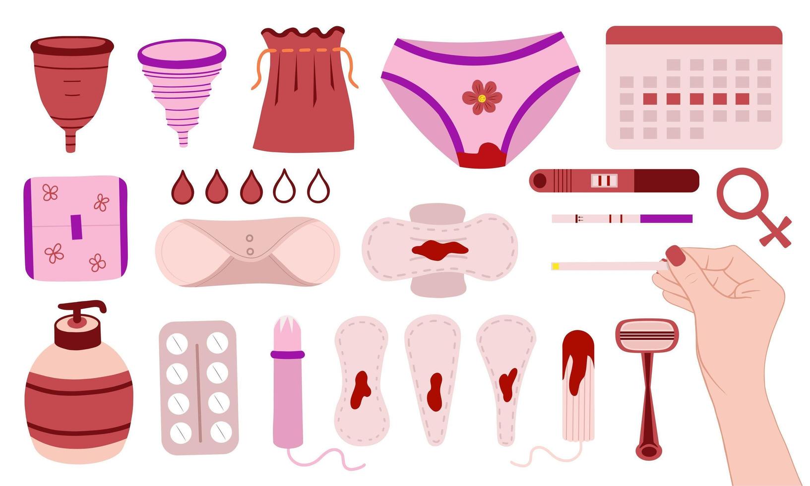 Female hygiene set. Menstrual cycle. Woman critical days. Menstrual cup, sanitary napkin, tampon, test. Illustration for printing, backgrounds, wallpapers, covers, packaging, greeting cards vector