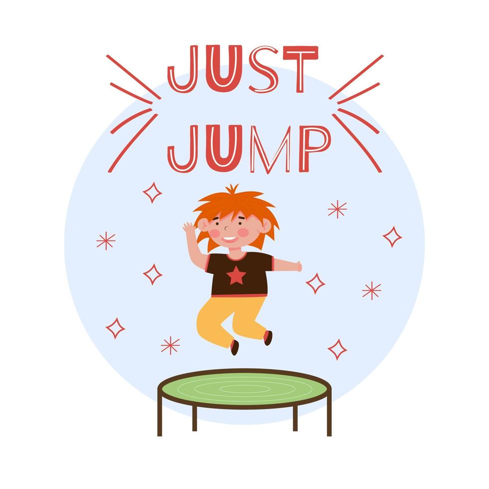 Ginger Boy Jumping on Trampoline Flat Vector Illustration