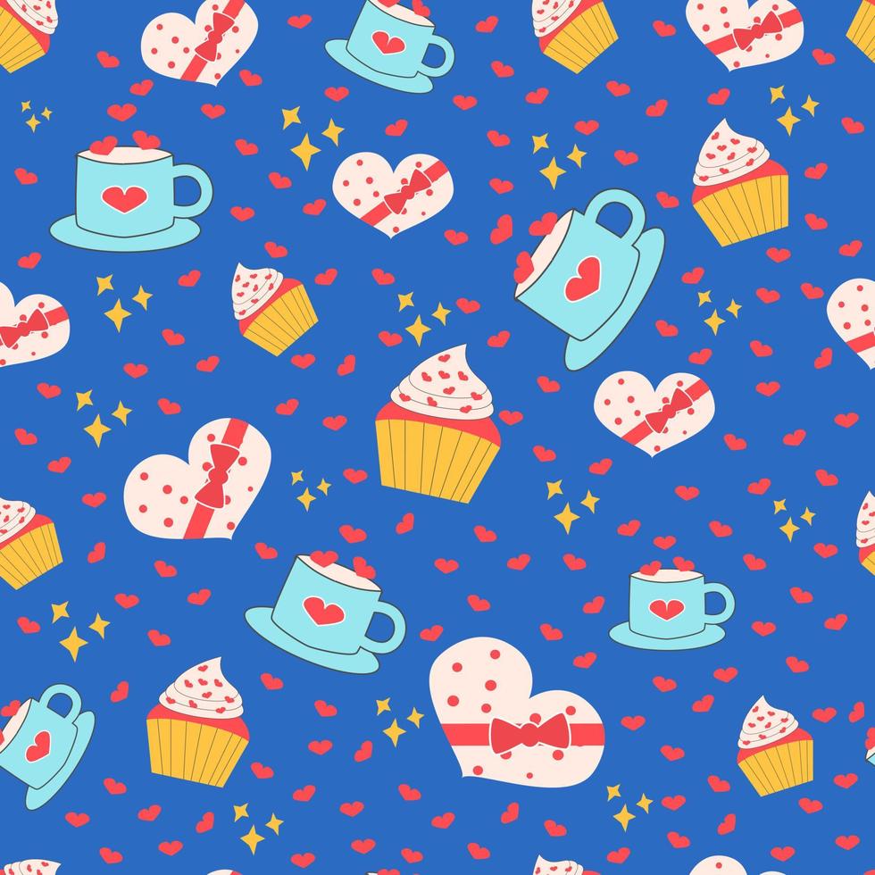 Cute seamless pattern with tea cup cupcake and box of sweets Flat vector illustration