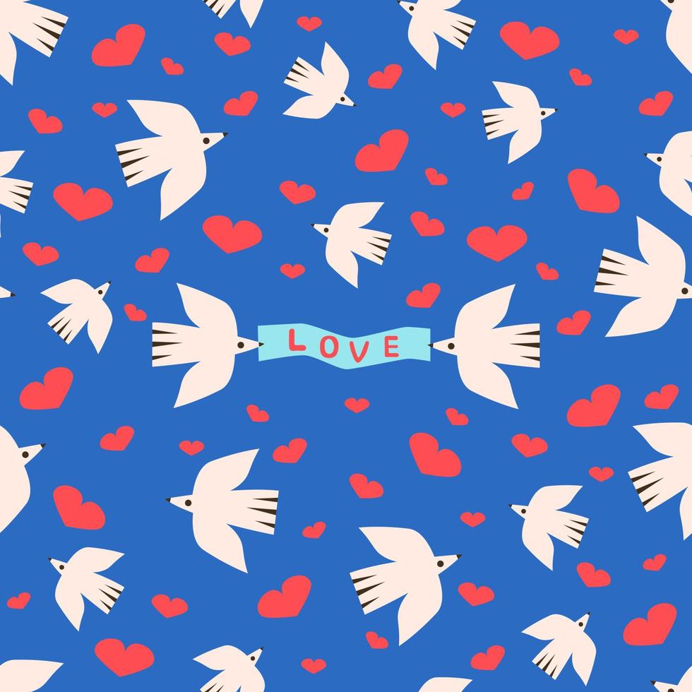 Vetor flat pattern with flying birds and hearts shapes vector