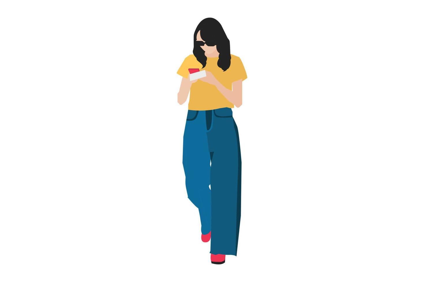 Vector illustration of casual women sending text message on the sidewalk