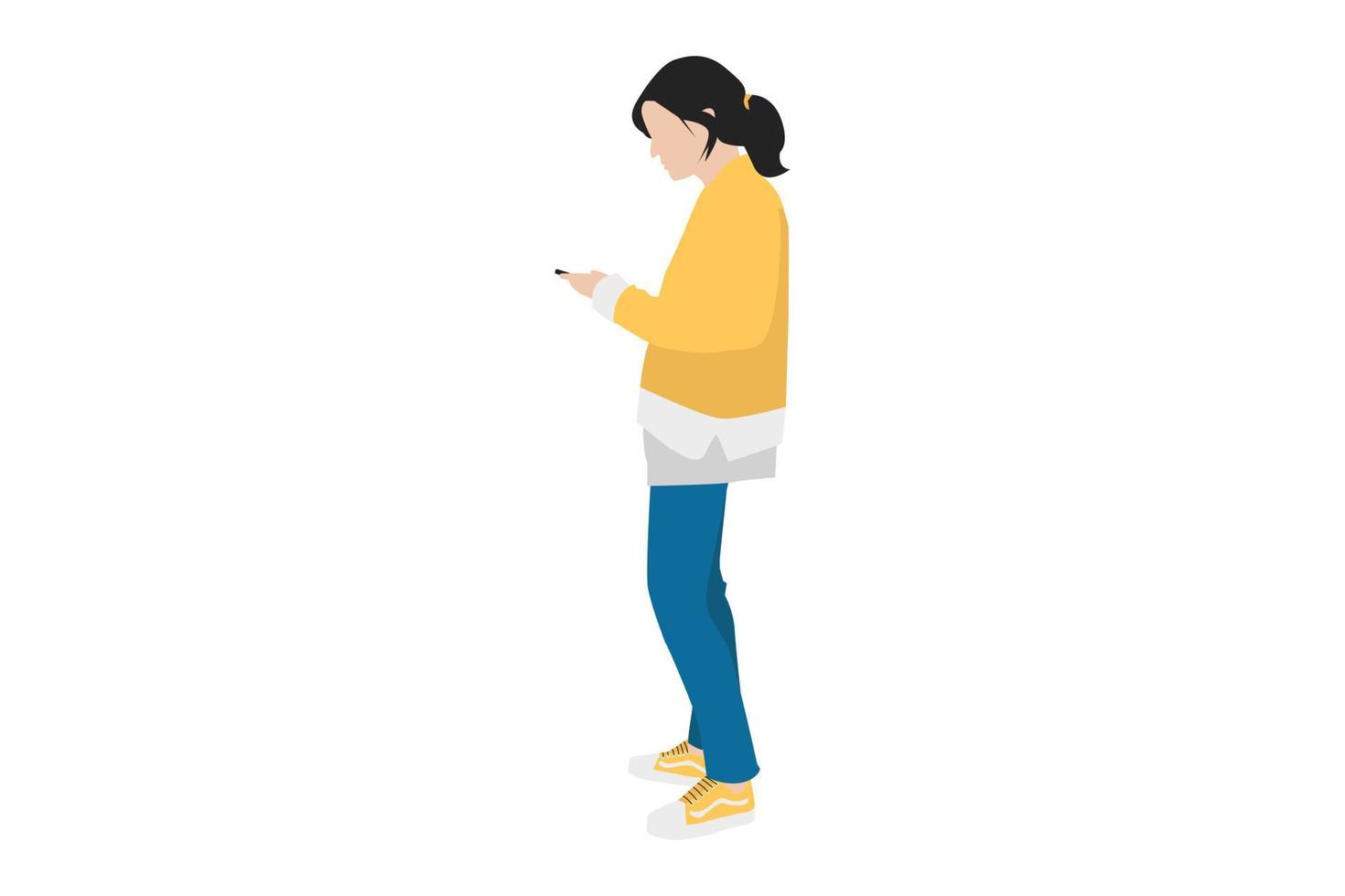 Vector illustration of casual women sending text message on the sidewalk