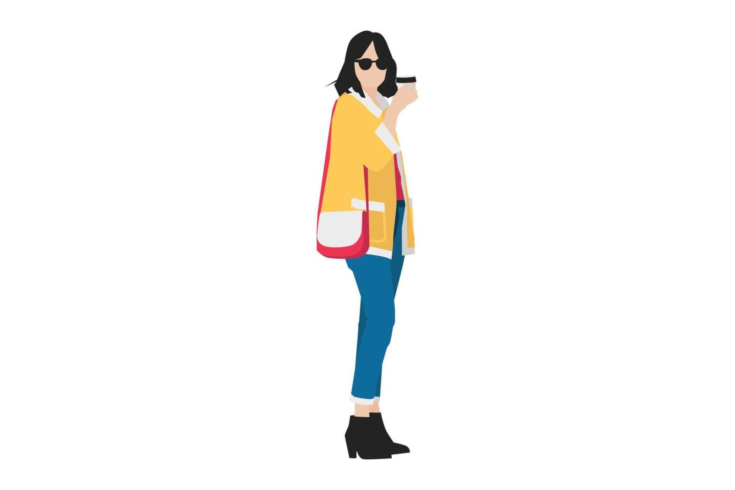 Vector illustration of fashionable women posing with her coffee