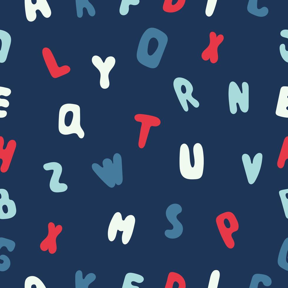 School red and blue letters seamless pattern on dark blue background. Typography alphabet. Vector illustration.