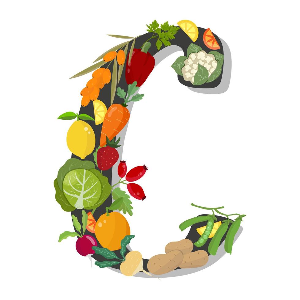 Vitamin C, set of vegetables, fruits and berries on black background. Vector illustration