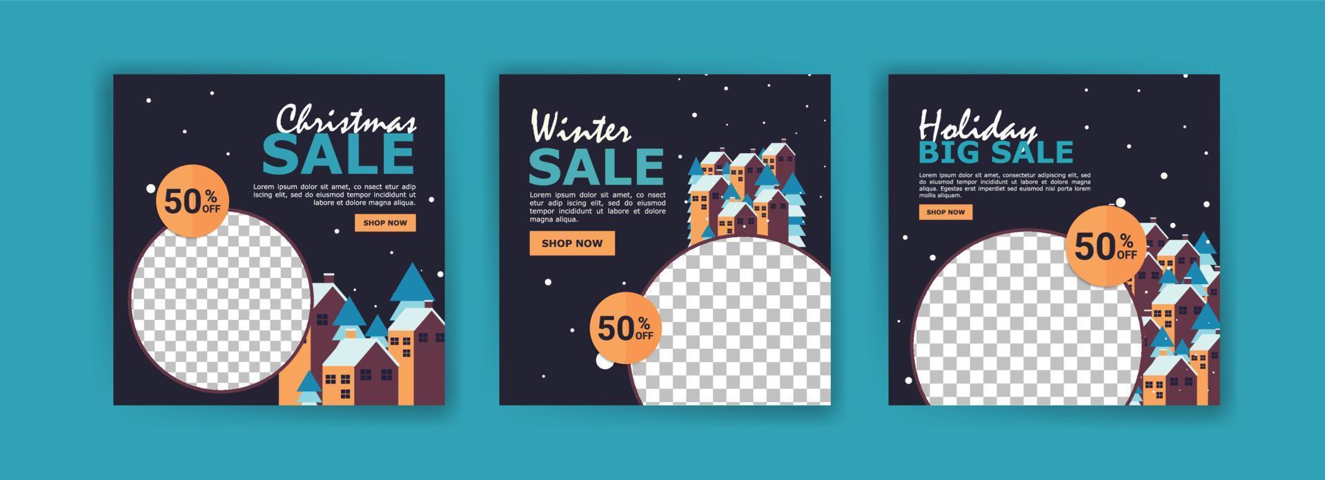 Plantilla de publicación de redes sociales para la venta de Navidad. invierno etiqueta promocional tarjeta publicidad temporada ventas oferta especial y oferta perfecta colección de tarjetas vectoriales. vector