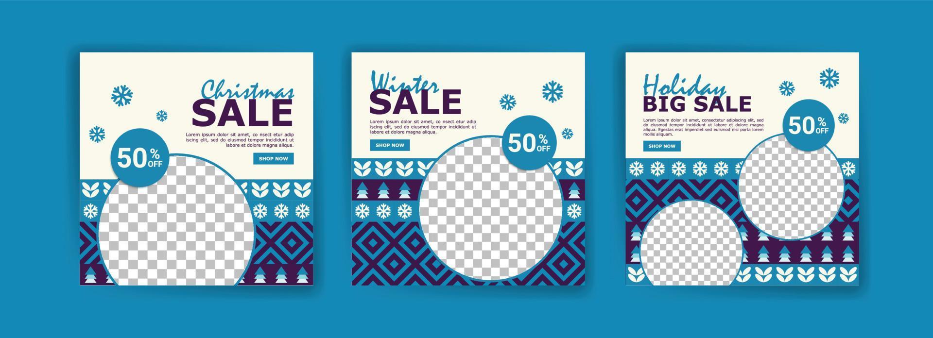 Social media post template for Christmas sale. Winter promotional label card advertising season sales special offer and perfect offer vector card collection.
