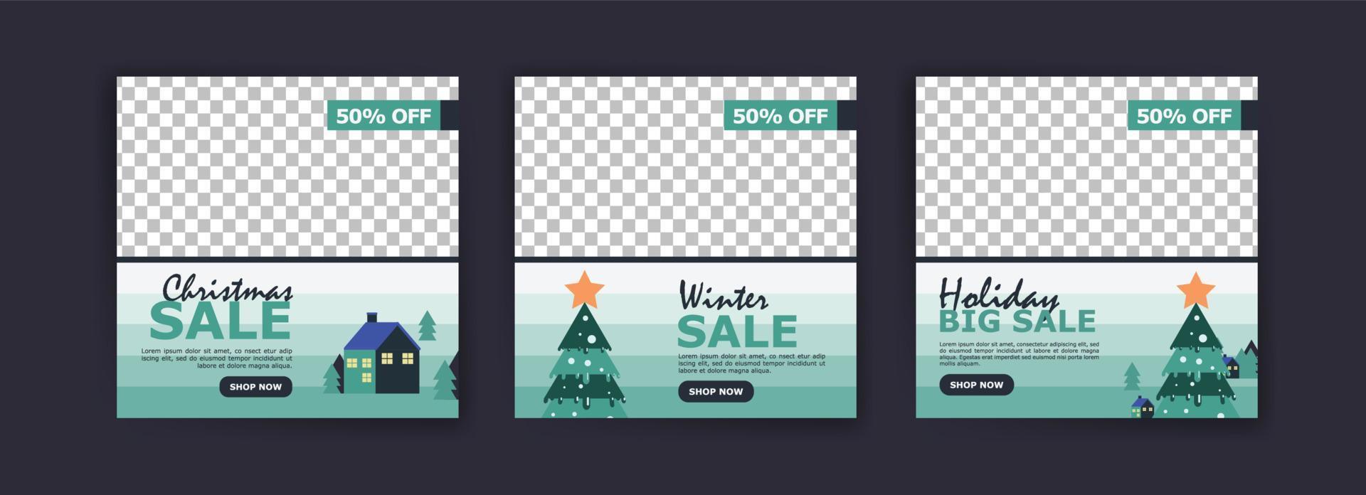 Social media post template for Christmas sale. Winter promotional label card advertising season sales special offer and perfect offer vector card collection.