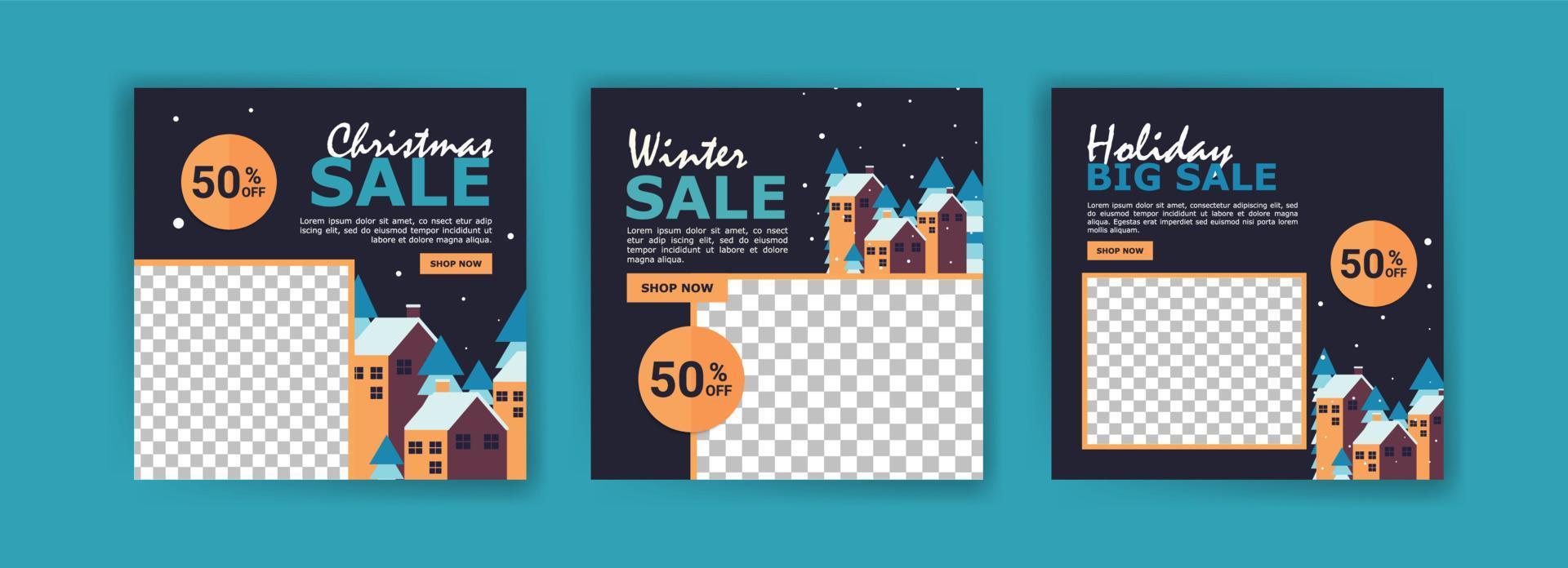 Social media post template for Christmas sale. Winter promotional label card advertising season sales special offer and perfect offer vector card collection.