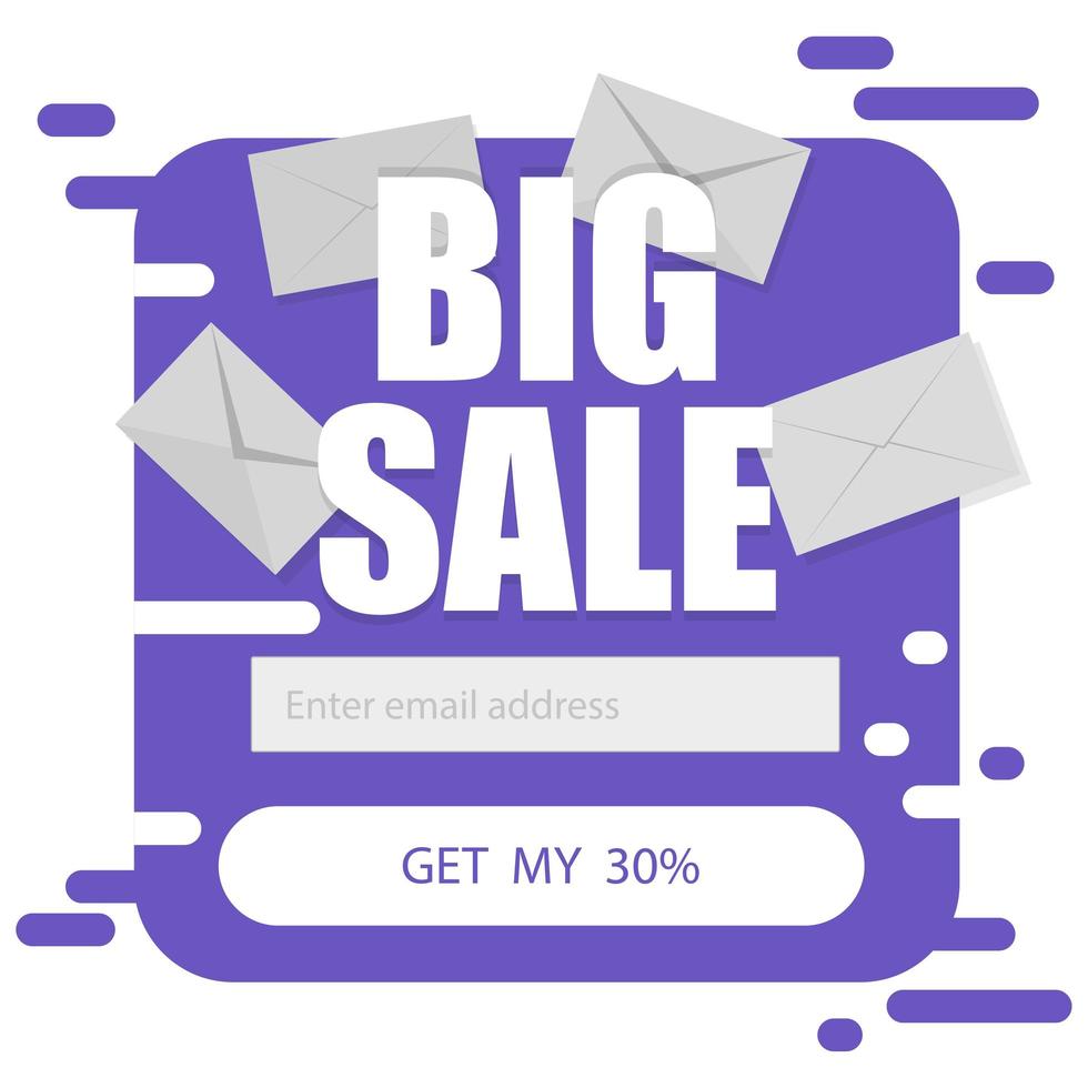 Vector template for email subscribe in purple on a white background. Big sale