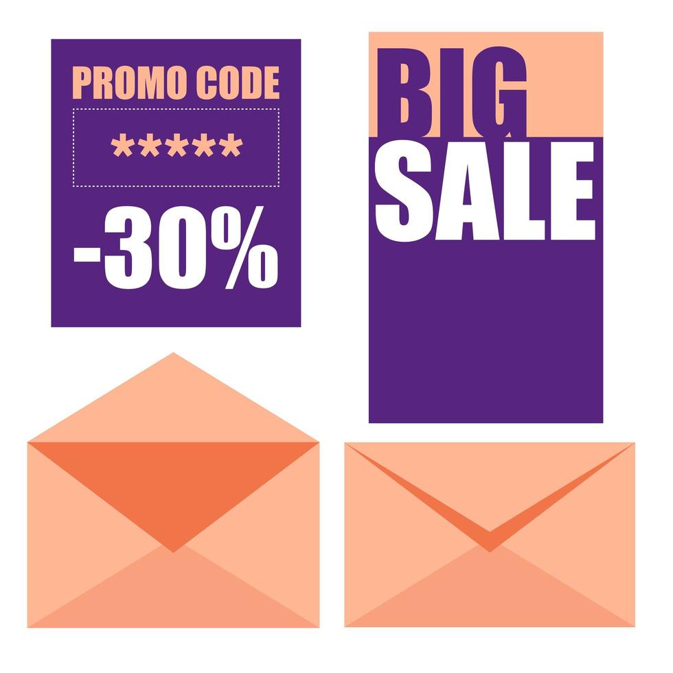 Sale creative badges set. Promo code and sale cards with envelopes Vector