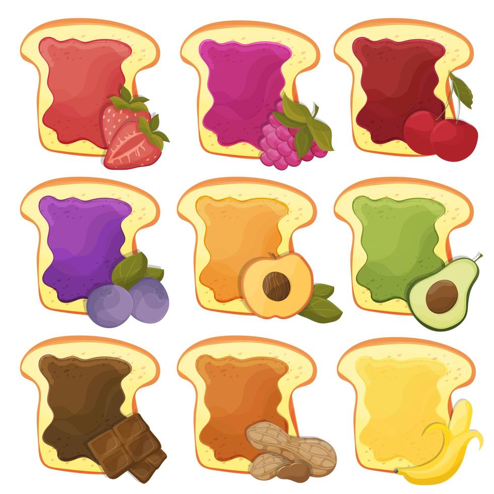 A set of nine sweet sandwiches chocolate, banana, jelly, peanut butter, berries vector