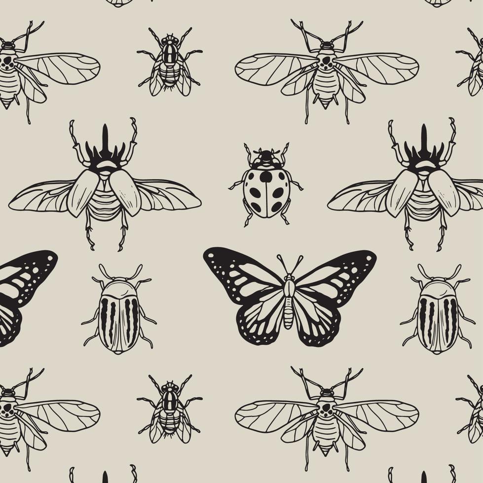 patrón de insectos en blanco y negro vector