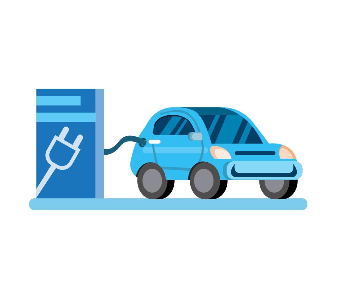 Electric car with charging station,subcompact small city car, flat illustration vector