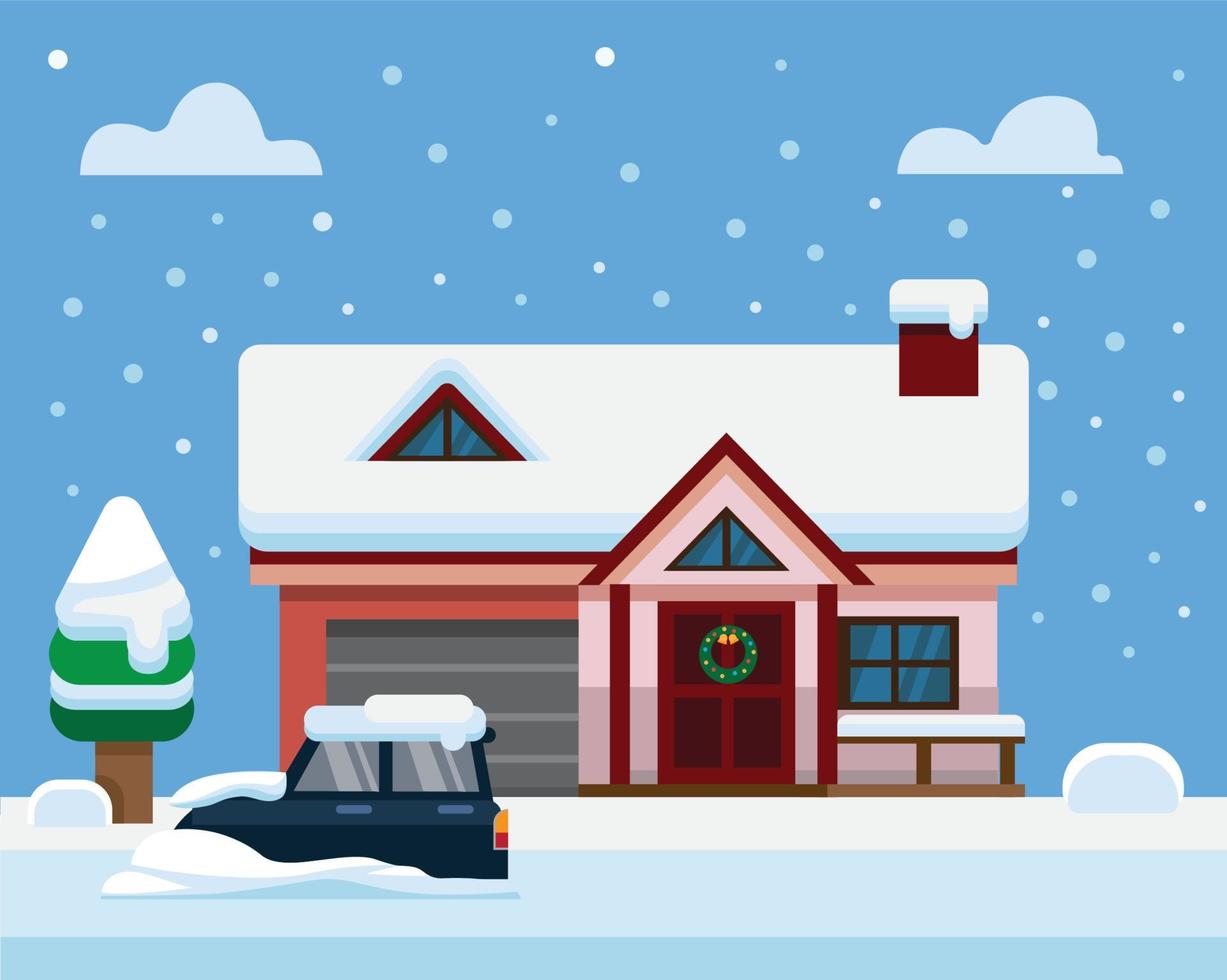 flat panorama house and car covered snow in winter concept vector illustration