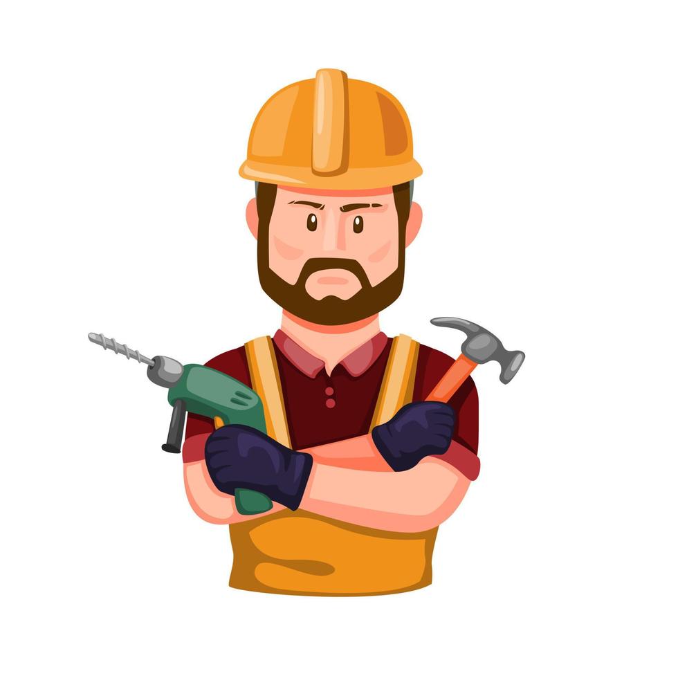 trabajador de la construcción con taladro y martillo en la mano. Constructor profesional con figura de personaje de herramienta de trabajo en vector de ilustración de dibujos animados sobre fondo blanco