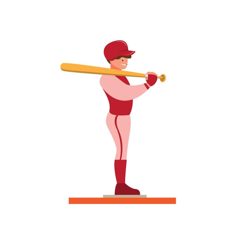 jugador de béisbol de pie con la celebración de bate, en vector de ilustración plana de dibujos animados aislado en fondo blanco