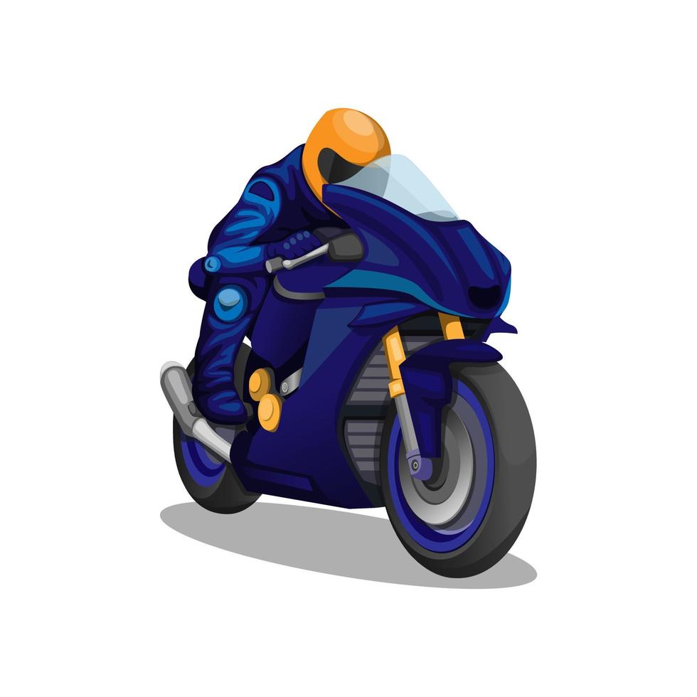 Motos de carreras deportivas a exceso de velocidad en concepto de carácter uniforme azul en vector de ilustración de dibujos animados sobre fondo blanco