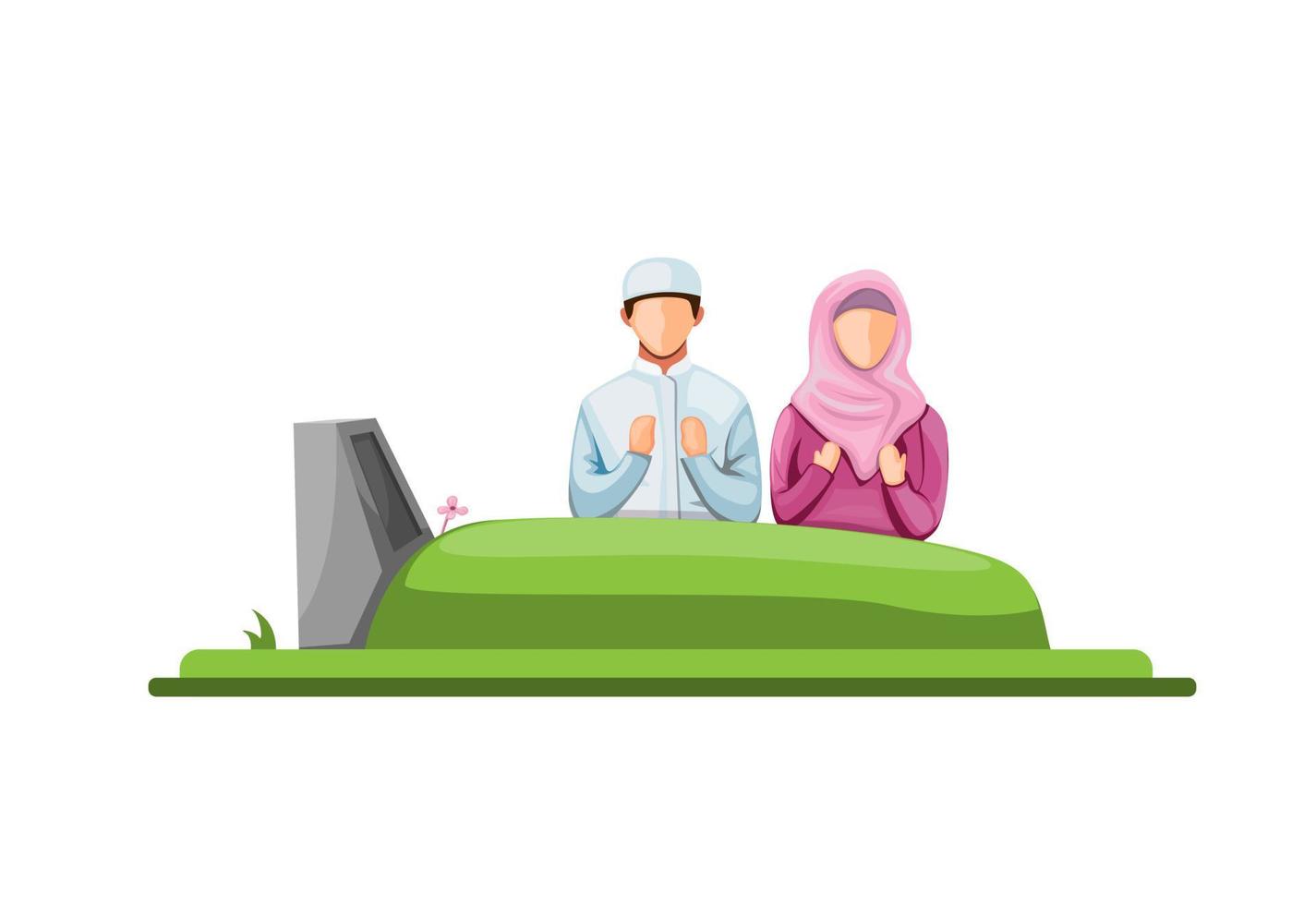 muslim visit and praying in front tomb at cemetry. islam ritual in grave concept in cartoon illustration vector