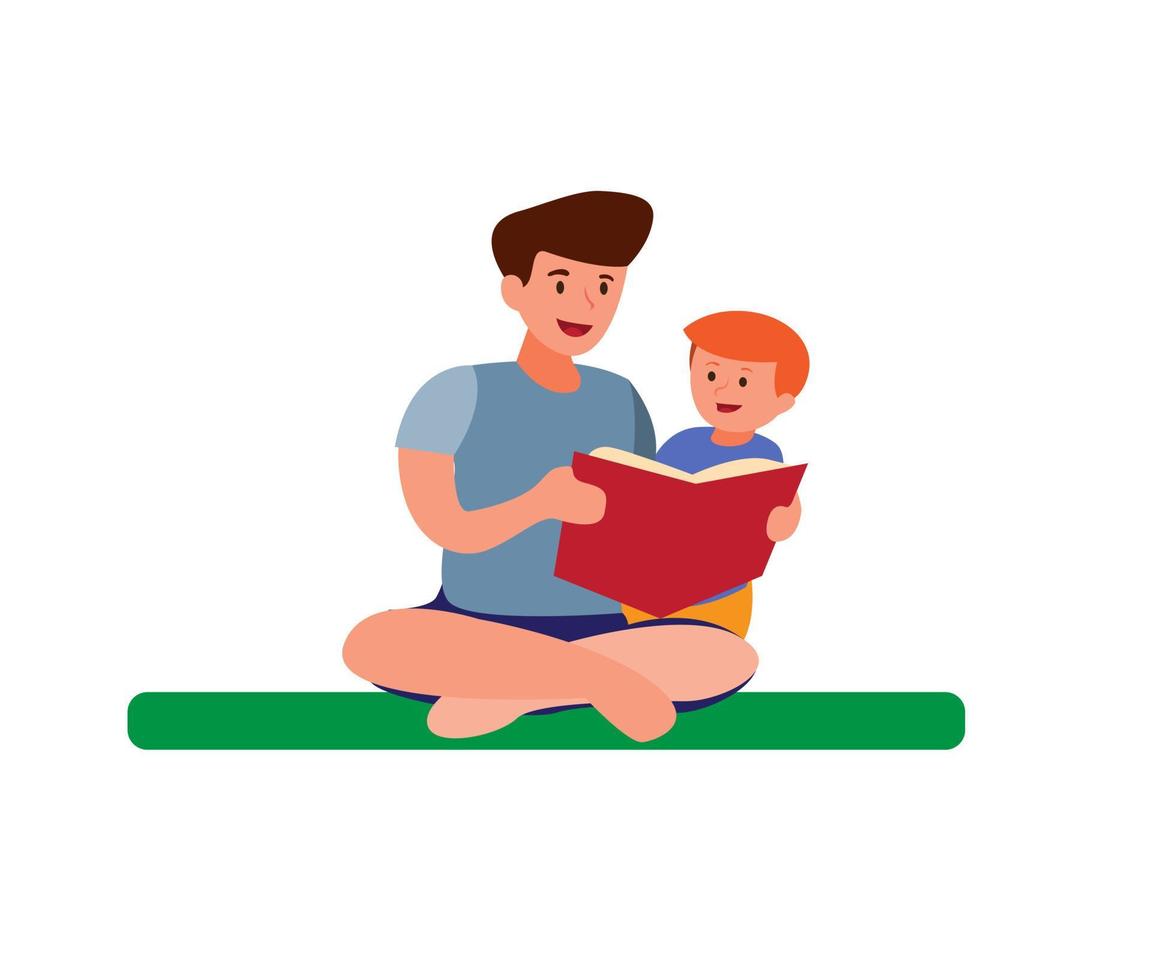 niño leyendo un libro con papá, cuentos de padres contando a los niños fondo plano de ilustración de dibujos animados vector