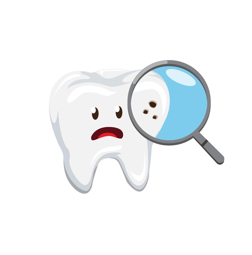 Magnifying glass detection hole in teeth, dental care problem in cartoon flat illustration vector isolated in white background