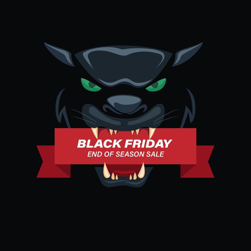 Black friday sale ribbon on black panther head symbol for promotion event sale concept in cartoon illustration vector