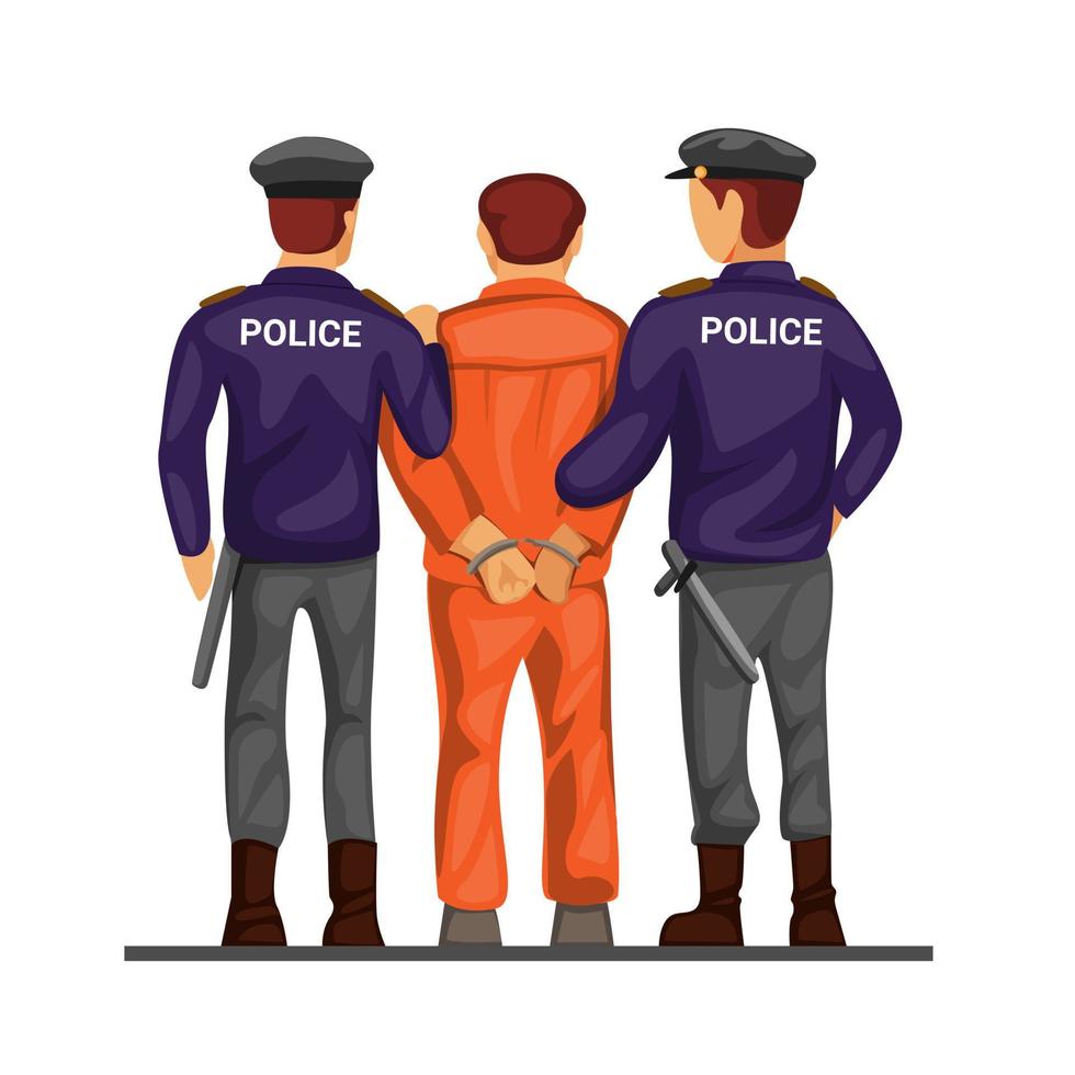 policía, líder, criminal, prisionero, esposado, de, vista trasera, concepto, en, caricatura, ilustración, vector, aislado, en, fondo blanco vector