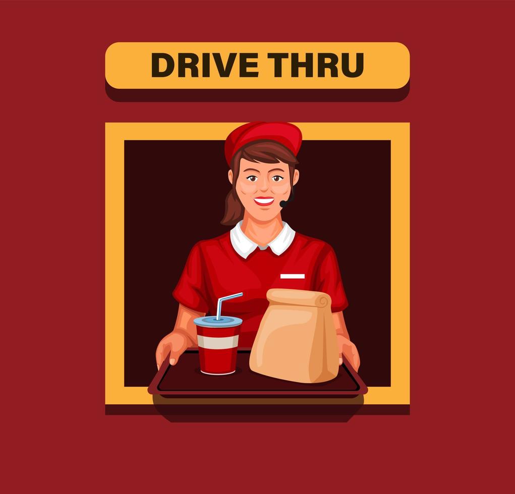 Drive thru girl wearing mask served order to customer. fast food restaurant in new normal illustration cartoon vector