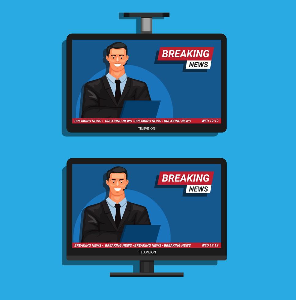 Breaking news on television desk and roof stand symbol set concept in cartoon illustration vector