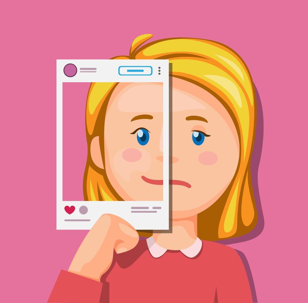 chica diferente emoción en la foto o las redes sociales. concepto de ilustración de conciencia de enfermedades mentales y ciberacoso en vector de dibujos animados