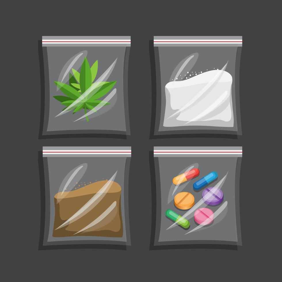 Narcotic in plastic bag collection set. drug symbol concept in cartoon illustration vector