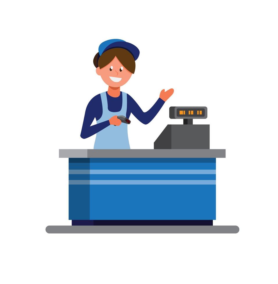 groceries woman cashier in uniform and apron stands behind cash desk ready to help customer. cartoon flat illustration vector isolated in white background