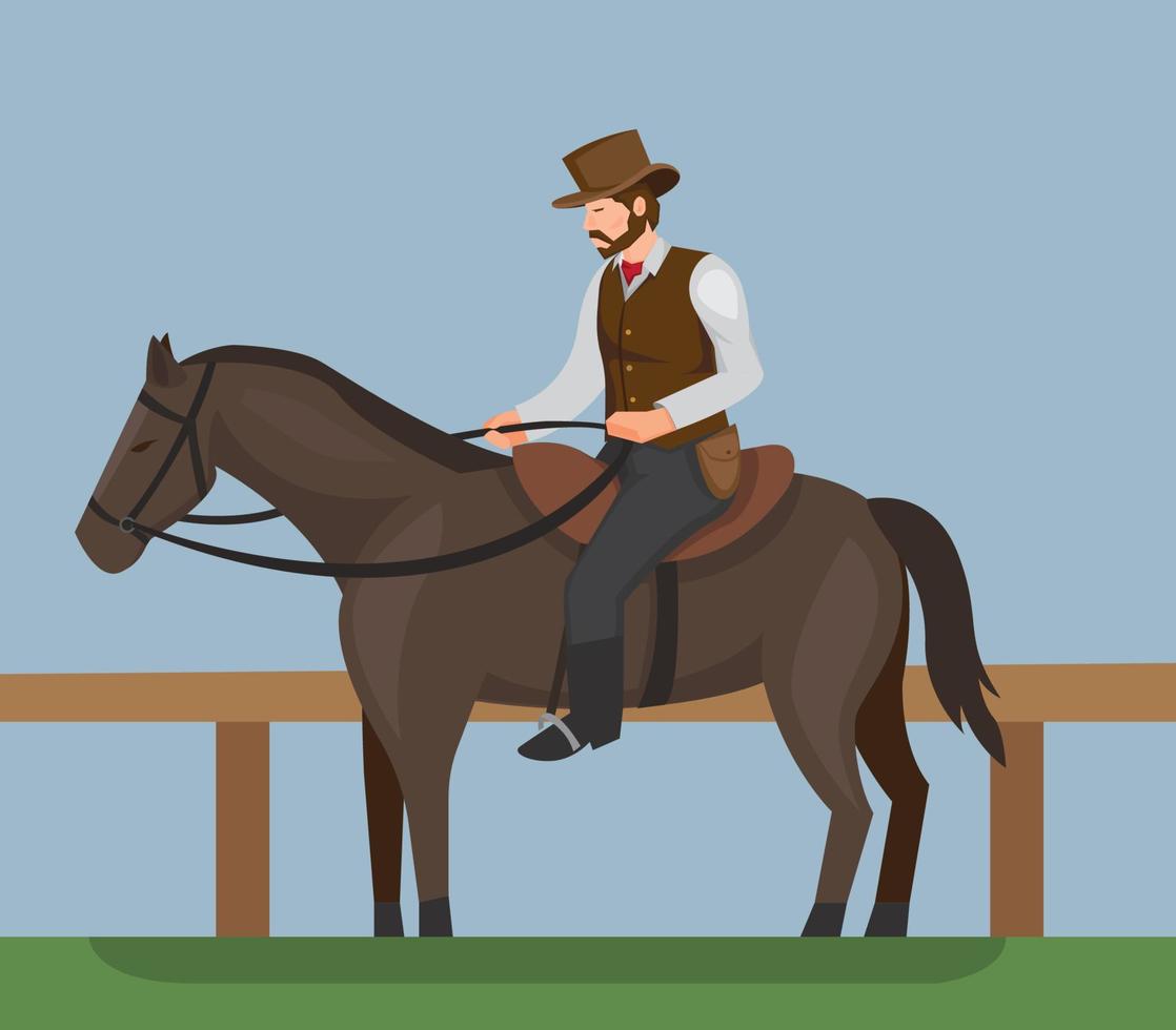 vaquero, equitación, caballo negro, concepto, ilustración, diseño, vector