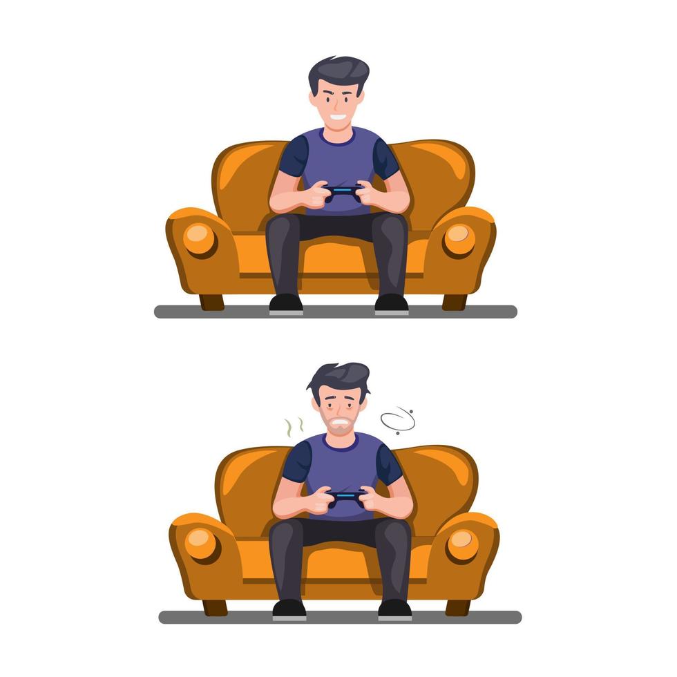 jugador con condición en forma y agotado. Hombre sentado en el sofá con la celebración de joystick jugando hasta que el icono cansado establece el concepto de ilustración vectorial sobre fondo blanco. vector