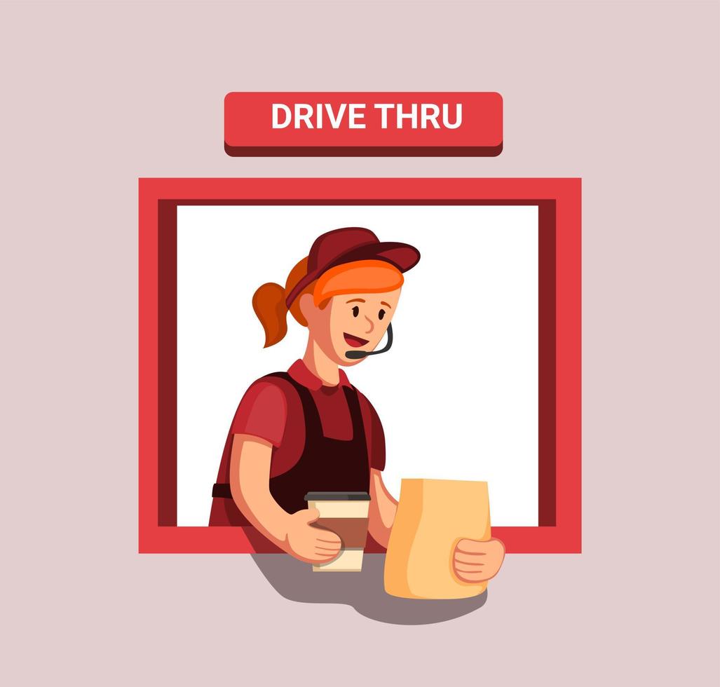 Trabajador de restaurante de comida rápida listo da un pedido de cliente en una ventana de drive thru, concepto de servicio drive thru en vector de ilustración de dibujos animados